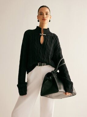 Commense Navy Cable-Knit Keyhole Sweater